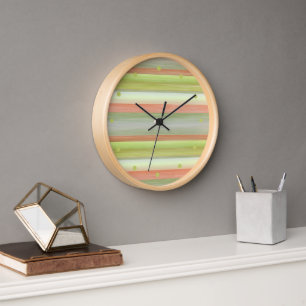 Lime Green Coral Orange Watercolor Stripes Pattern Clock