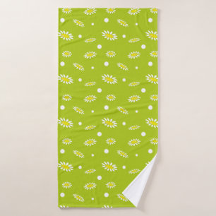 Lime Green Daisy Polka Dot Retro Spring Pattern Bath Towel