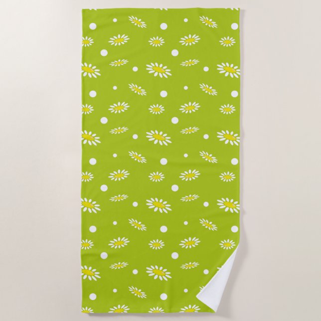 Lime Green Daisy Polka Dot Retro Spring Pattern Beach Towel (Front)