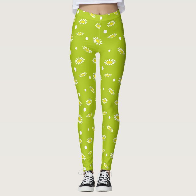 Lime Green Daisy Polka Dot Retro Spring Pattern Leggings (Front)