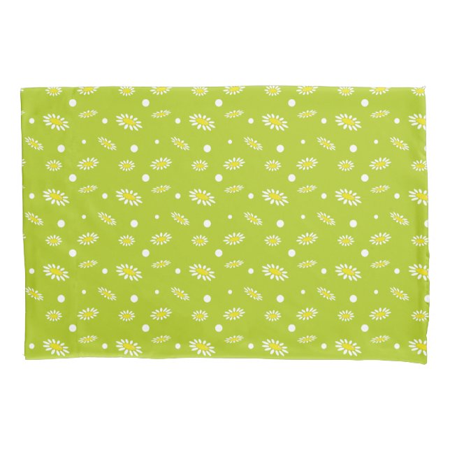 Lime Green Daisy Polka Dot Retro Spring Pattern Pillowcase (Front)