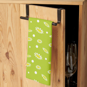 Lime Green Daisy Polka Dot Retro Spring Pattern Tea Towel