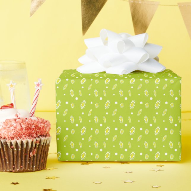 Lime Green Daisy Polka Dot Retro Spring Pattern Wrapping Paper (Birthday Party)