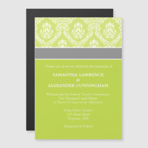 Lime Green Damask Magnetic Wedding Invitation
