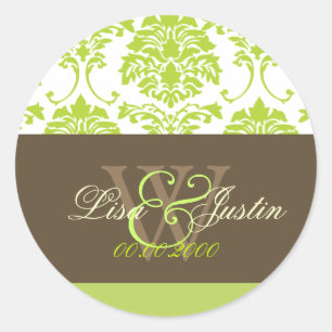 Lime green Damask monogram wedding stickers