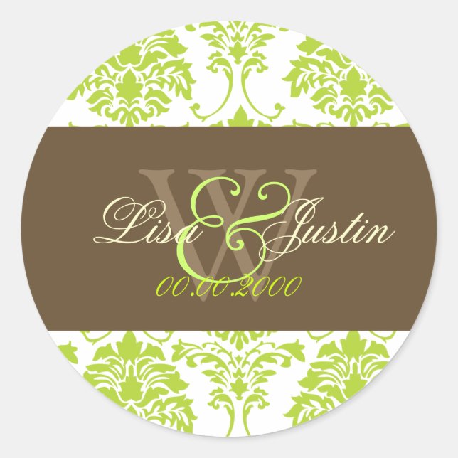 Lime green Damask monogram wedding stickers (Front)