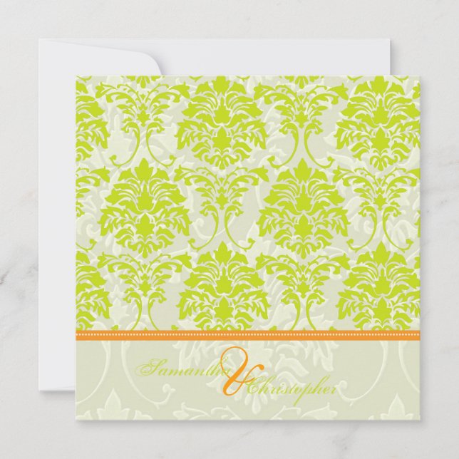 Lime green damask on Ivory Damask/orange accent Invitation (Front)