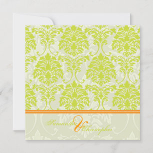 Lime green damask on Ivory Damask/orange accent Invitation