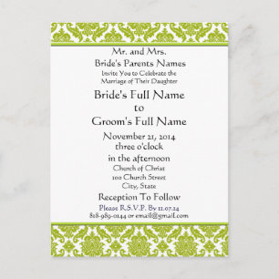 Lime Green Damask on White Wedding Invitation