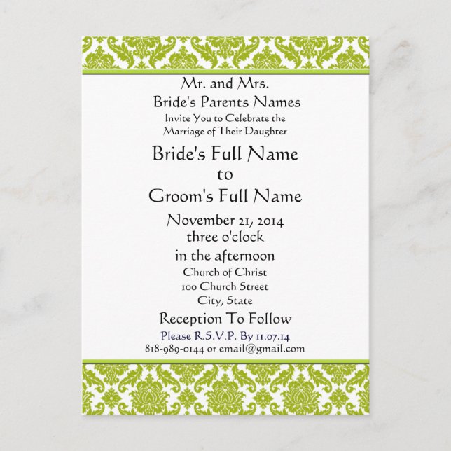 Lime Green Damask on White Wedding Invitation (Front)