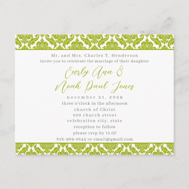Lime Green Damask on White Wedding Invitation Postcard (Front)