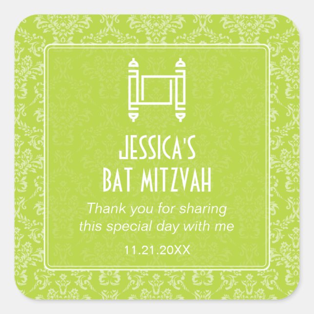 Lime Green Damask Torah Bat Mitzvah Square Sticker (Front)