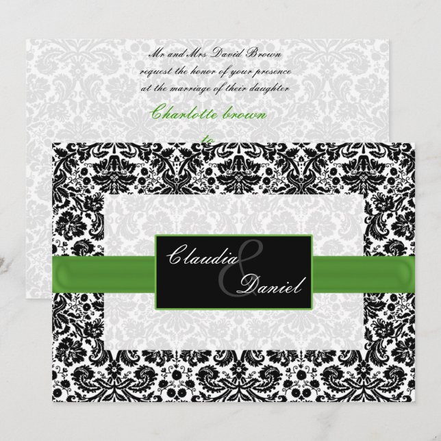lime green damask wedding invitation (Front/Back)