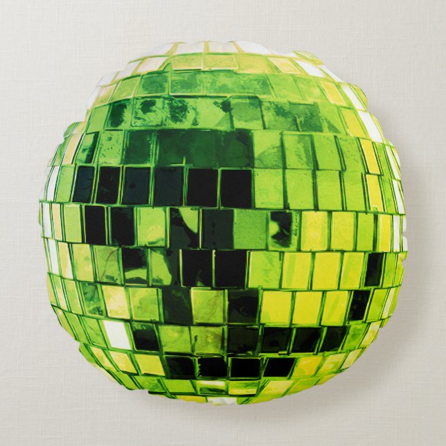 Lime Green Disco Disco Ball Round Cushion (Front)