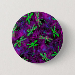 Lime Green Dragonflies on Hot Pink and Purple 6 Cm Round Badge