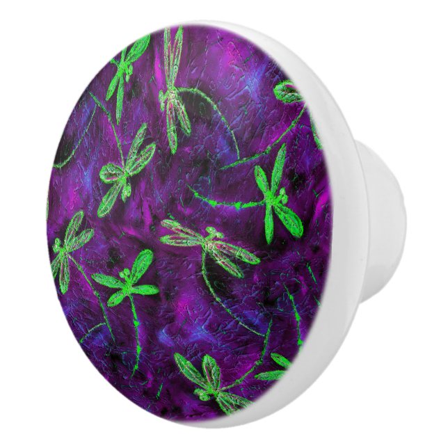 Lime Green Dragonflies on Hot Pink and Purple Ceramic Knob (Right)