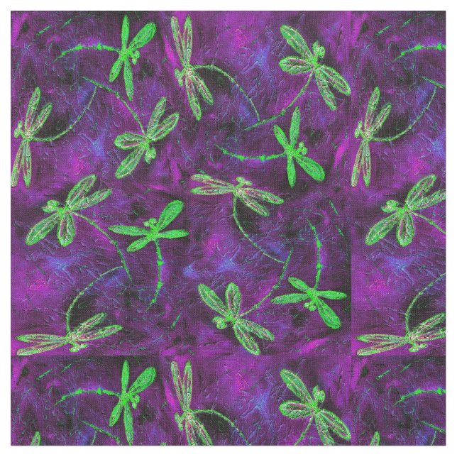 Lime Green Dragonflies on Hot Pink and Purple Fabric (Close Up)