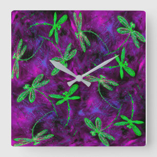 Lime Green Dragonflies on Hot Pink and Purple Square Wall Clock