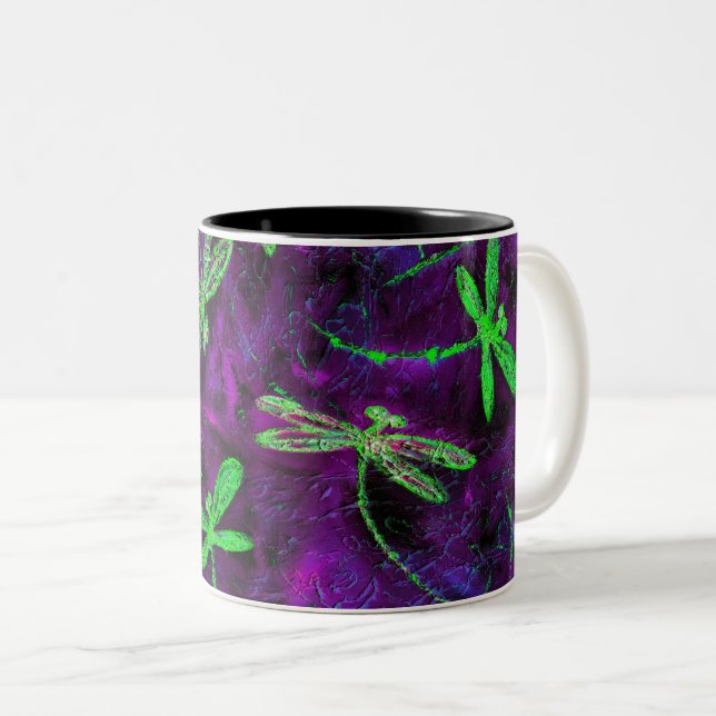 Lime Green Dragonflies on Hot Pink and Purple Two-Tone Coffee Mug (Front Right)