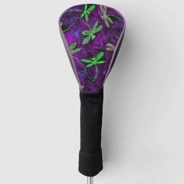Lime Green Dragonflies on Purple Golf Head Cover (Front)