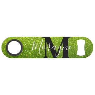 Lime Green Faux Glitter Black White Monogram Name