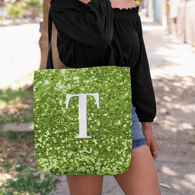 Lime Green Faux Glitter Bokeh Sparkly Monogram Tote Bag (Lime Green Chunky Glitter Monogram Tote Bag)