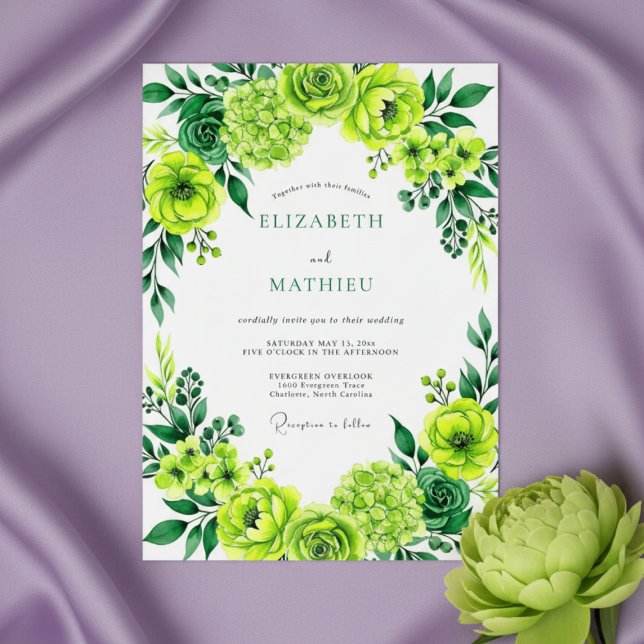 Lime Green Floral Brushstroke Wedding Invitation (Creator Uploaded)