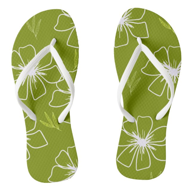 Lime Green Floral Design Flip Flops (Footbed)