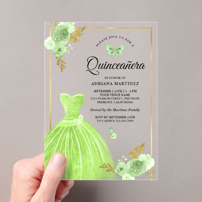 Lime Green Floral Dress Butterfly Gold Quinceanera Acrylic Invitations (Insitu (Handheld))