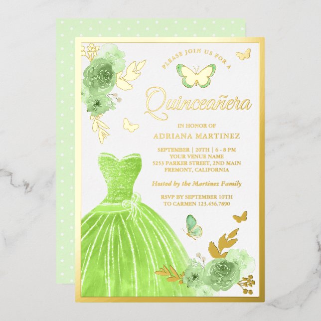 Lime Green Floral Dress Butterfly Quinceanera Gold (Front/Back)