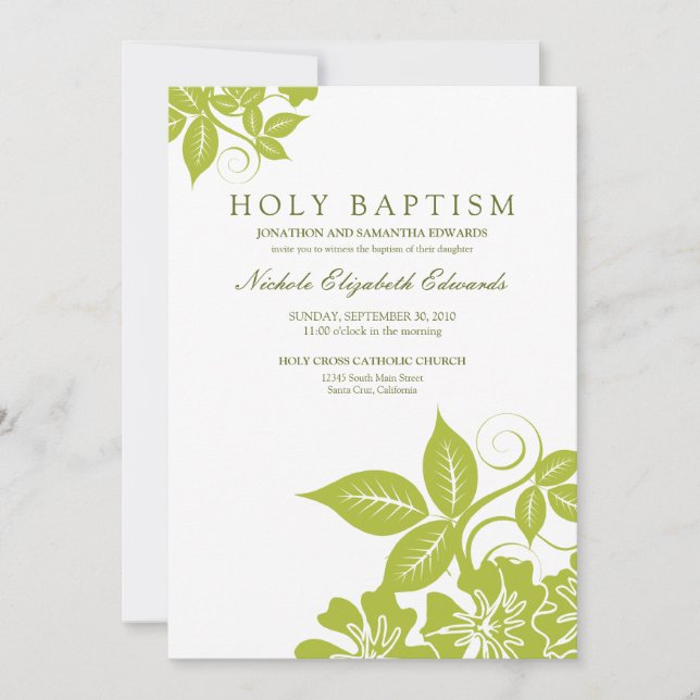 Lime Green Floral Holy Baptism Invitation (Front)