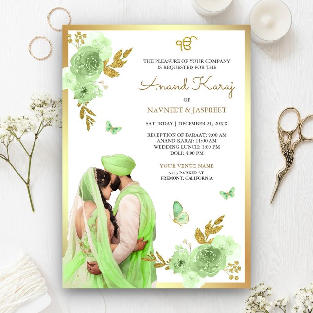 Lime Green Floral Punjabi Anand Karaj Sikh Wedding Invitation (Creator Uploaded)