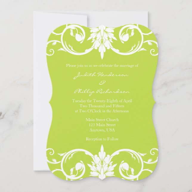 Lime Green Floral Swirl Bracket Wedding Invitation (Front)