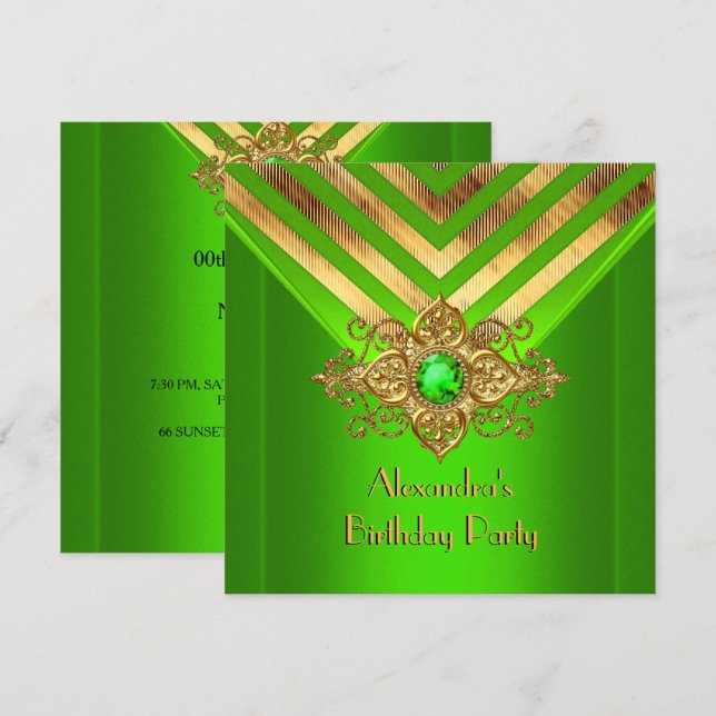 Lime Green Gem Gold Deco Stripe Birthday Party Invitation (Front/Back)