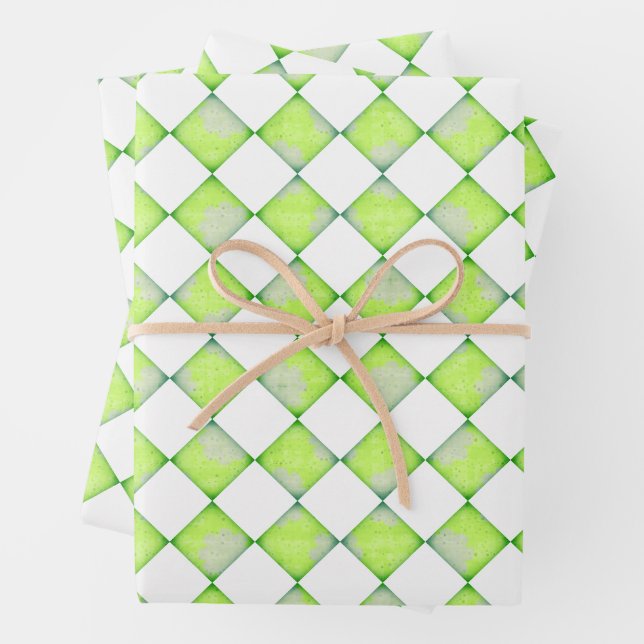 Lime Green Geometric Diamond Pattern Wrapping Paper Sheet (In situ)
