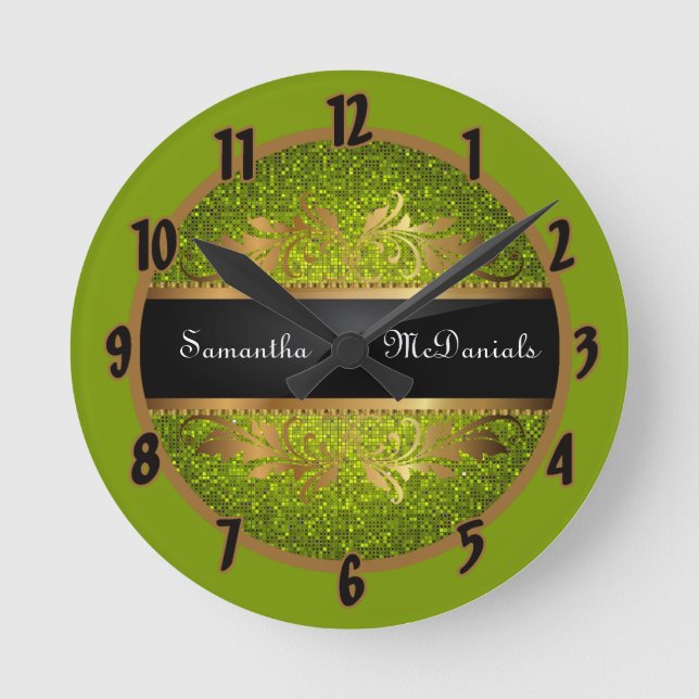 Lime Green Glitter Sequin Disco Personalised Clock (Front)
