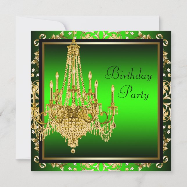 Lime Green Gold Damask Chandelier Birthday Party Invitation (Front)