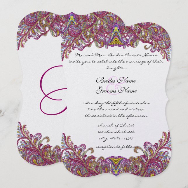 Lime Green Gold Damask Wedding Invitation (Front/Back)