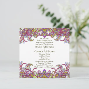 Lime Green Gold Damask Wedding Invitation