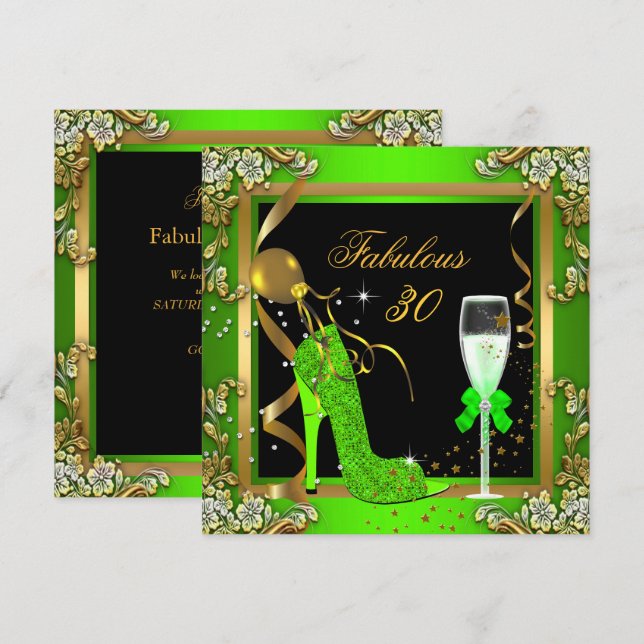 Lime Green Gold Fabulous 30 Birthday Party Invitation (Front/Back)