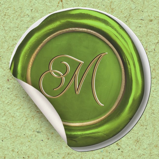  Lime Green Gold Monogram Modern Wax Seal Stickers (Creator Uploaded)