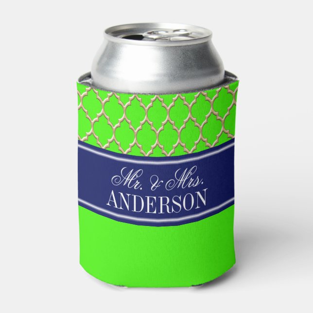 Lime Green Gold Moroccan #4 CB Navy Name Wedding Can Cooler (Can Front)