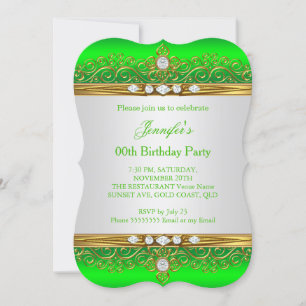 Lime Green Gold White Diamond Birthday Party Invitation