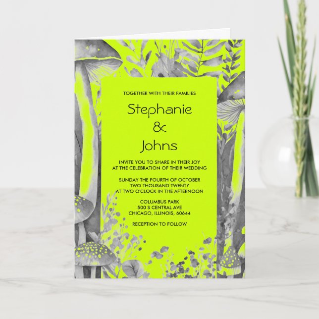 Lime Green Grey Black Mushroom Woodland Wedding Invitation (Front)