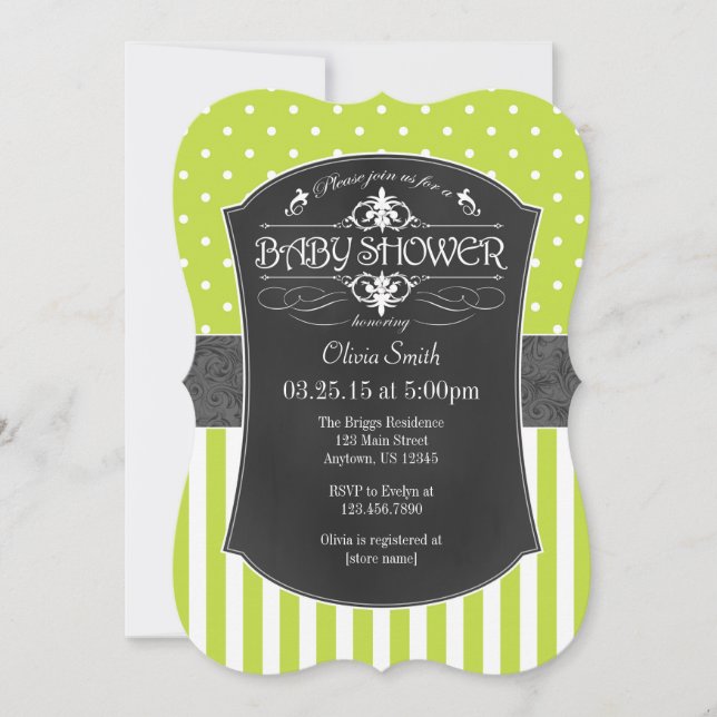 Lime Green Grey Chalkboard Stripes Baby Shower Invitation (Front)
