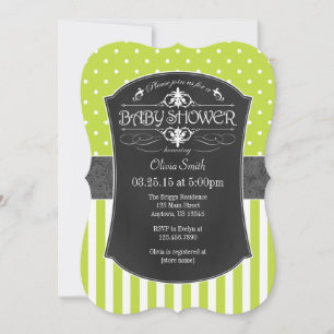 Lime Green Grey Chalkboard Stripes Baby Shower Invitation