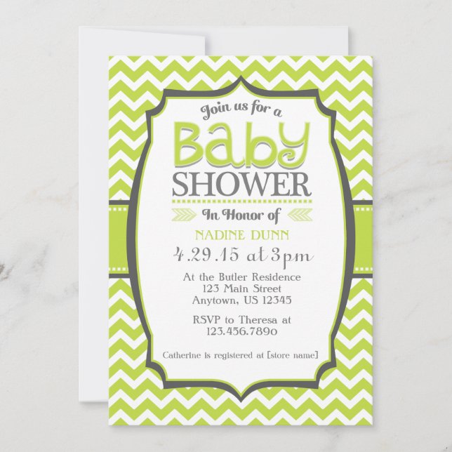 Lime Green Grey Chevron Baby Shower Invitation (Front)