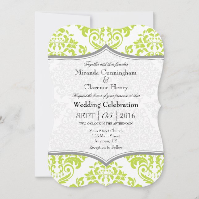 Lime Green Grey Damask Bracket Wedding Invite (Front)