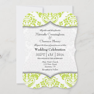 Lime Green Grey Damask Bracket Wedding Invite