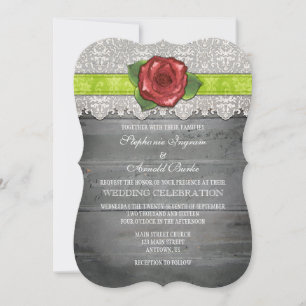 Lime Green Grey Rustic Wood Rose Wedding Invite